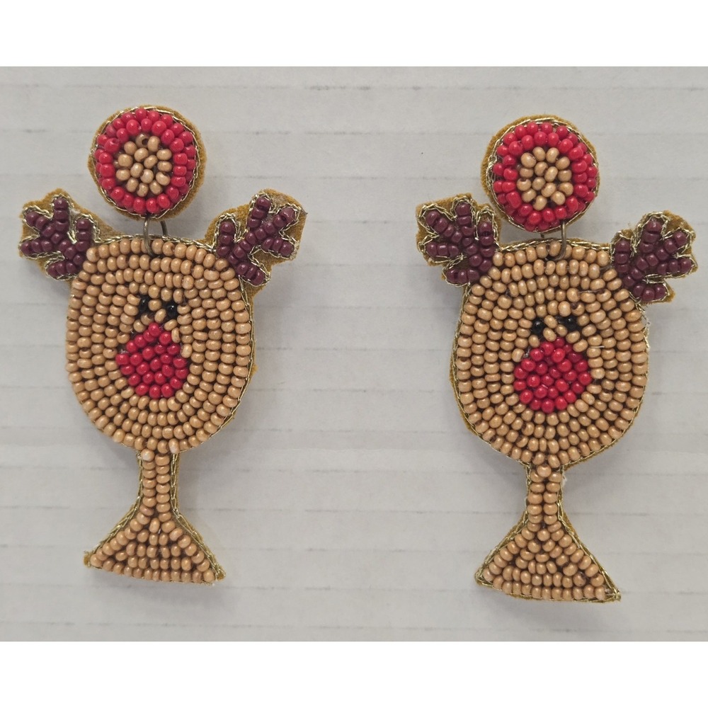 Rudolph The Red Nosed Reindeer Wine Glass Beaded Earrings Pierced Fun Festive